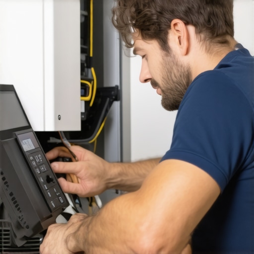 Technician diagnosing HVAC system in a residential setting