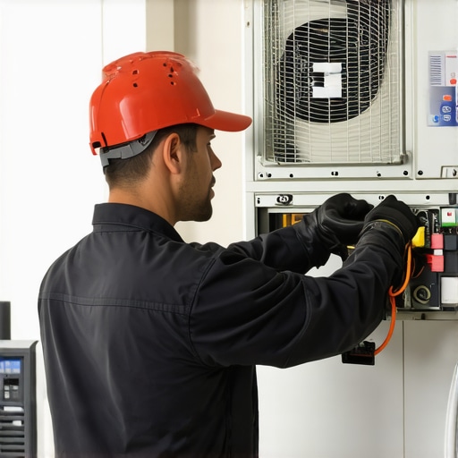 HVAC technician inspecting and servicing a modern high-efficiency heating and cooling system.