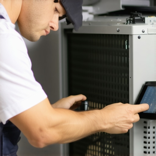 HVAC technician performing maintenance on a modern air conditioning system