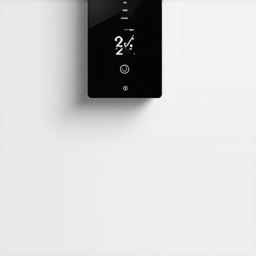 Smart Thermostat in a Modern Living Room A sleek smart thermostat mounted on a wall in a contemporary living room with glowing display