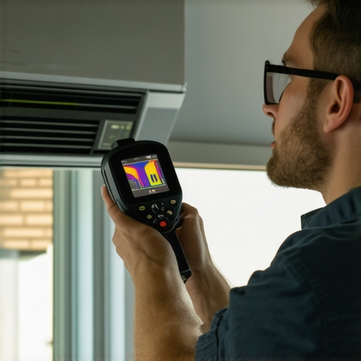 Technician performing thermal imaging diagnostics on HVAC system in a residential setting