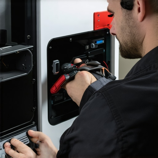 HVAC technician inspecting furnace with high-tech diagnostic equipment