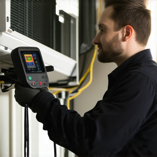 Technician using thermal imaging camera to diagnose HVAC system in a residential setting.