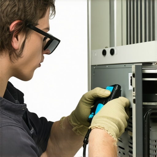 Technician using diagnostic tools on HVAC system for optimal performance.