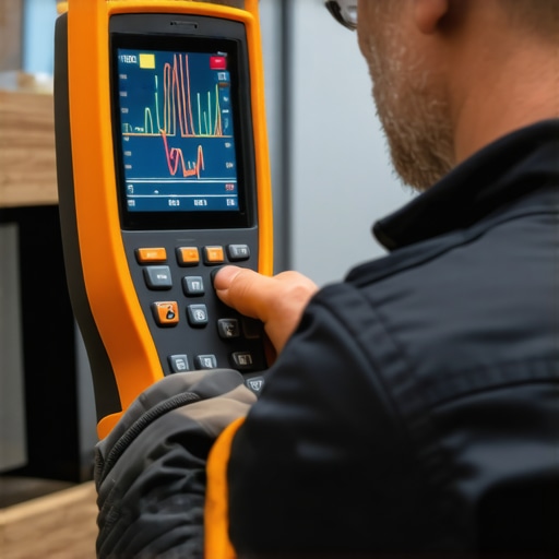 Technician using infrared and ultrasonic devices for HVAC system diagnostics