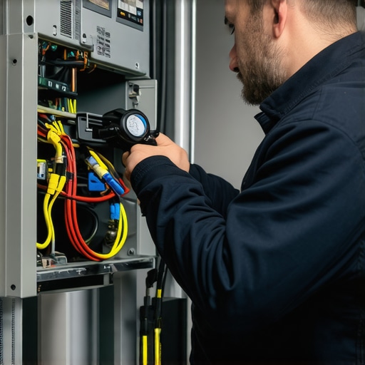 HVAC Diagnostic Check with Advanced Tools Technician inspecting furnace with high-tech diagnostic equipment in workshop