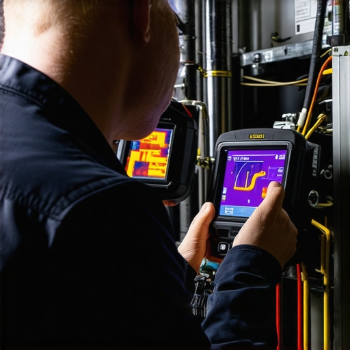 Technician performing thermal imaging diagnostics on HVAC system