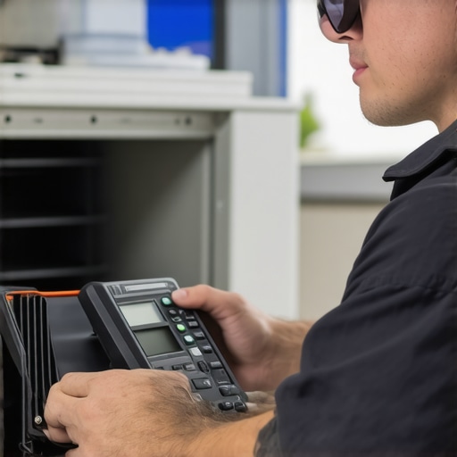 Technician inspecting HVAC system with infrared camera and sensors.