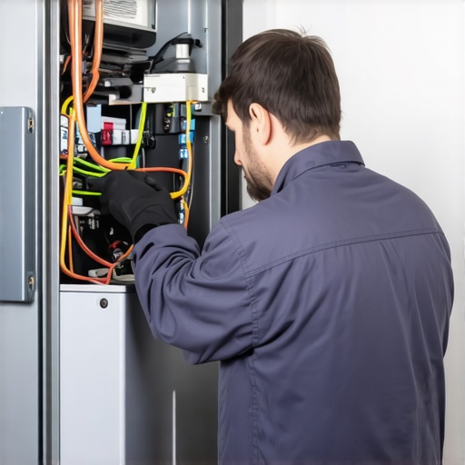 Technician inspecting furnace components during HVAC service