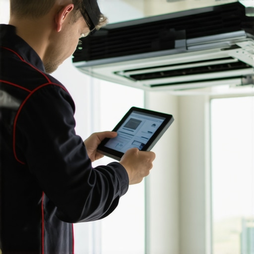HVAC technician performing precise calibration on HVAC system using digital diagnostics