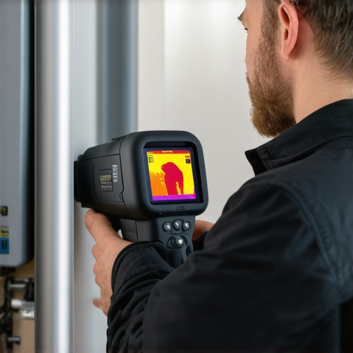 Infrared Thermography Diagnostics in HVAC Technician inspecting furnace heat leaks with infrared camera