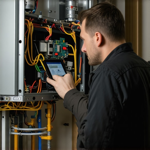 Smart HVAC System Inspection Technician checking a connected smart HVAC unit in a residential setting.