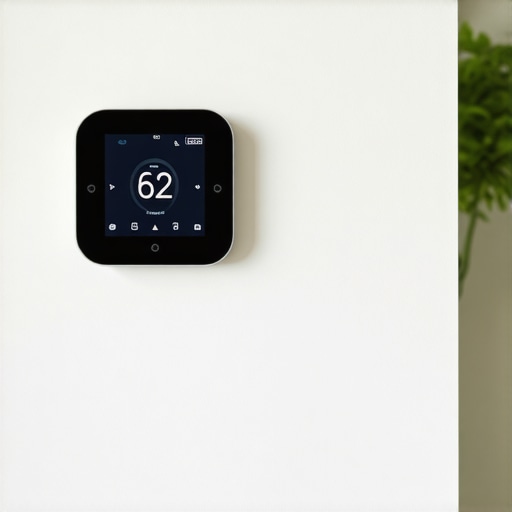 A contemporary smart thermostat on a wall, showing system settings, in a well-lit modern home