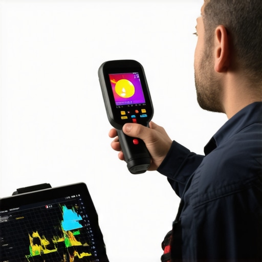 Advanced Furnace Maintenance Tools Technician inspecting furnace with thermal camera and digital diagnostic tools