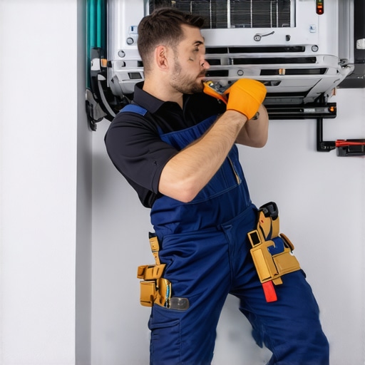 HVAC technician installing an air conditioner unit in a residential setting