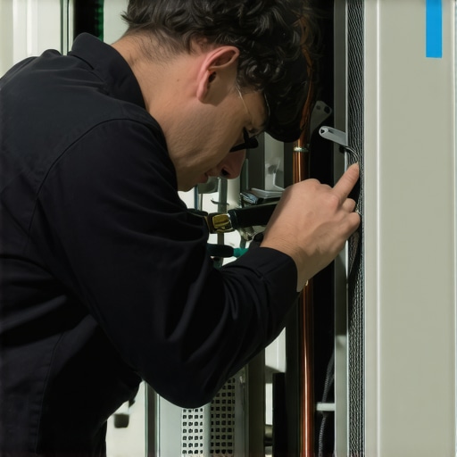HVAC technician inspecting and maintaining air conditioning system