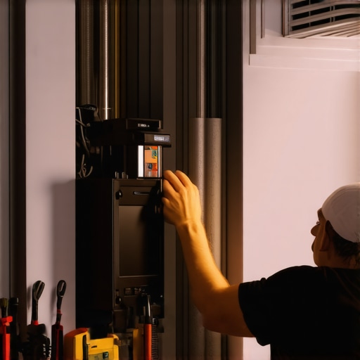 HVAC technician performing maintenance on a furnace in a home.