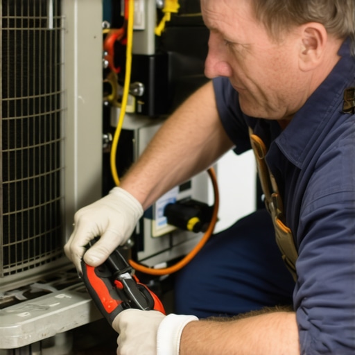 A homeowner using tools to inspect HVAC components in a garage.