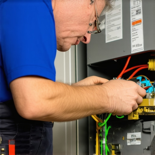 Person checking furnace components in a home heating system