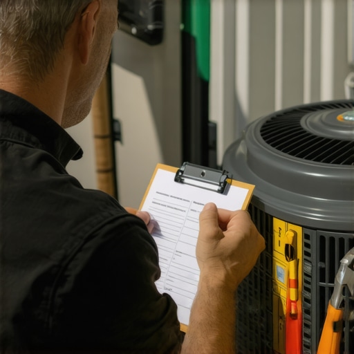 Person checking and cleaning HVAC system components during routine maintenance
