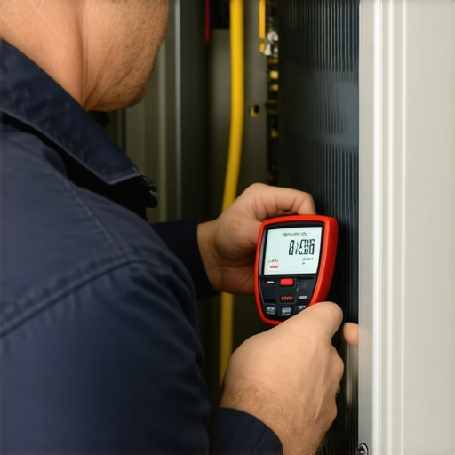 HVAC technician measuring refrigerant pressure with digital manometer on an air conditioning unit.