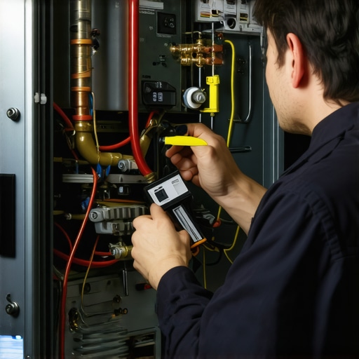 Technician inspecting furnace with tools for professional diagnosis