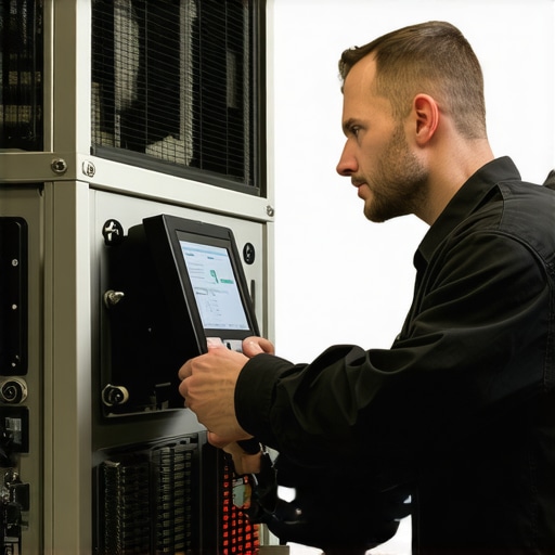 HVAC technician using a digital manometer and multimeter during system inspection.