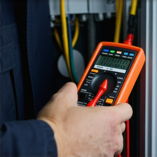 Technician measuring electrical voltage in HVAC unit with digital multimeter
