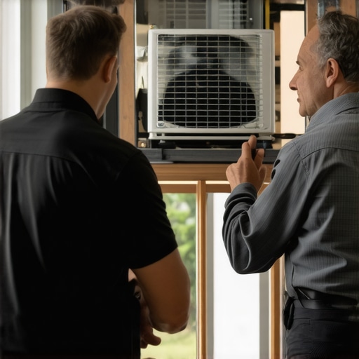 Homeowner checking furnace filters while technician guides in a cozy living room.