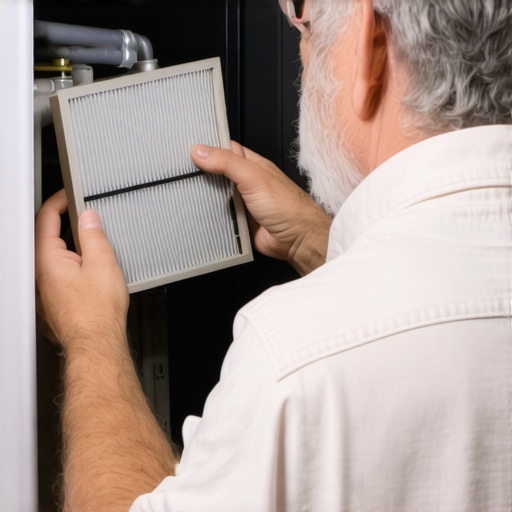 Person cleaning or replacing a furnace air filter