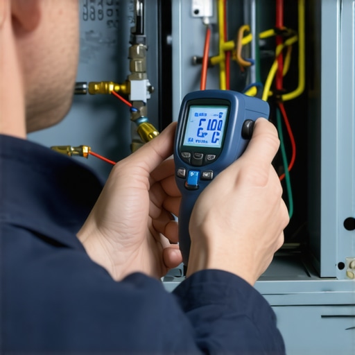 Technician measuring temperature on furnace with infrared thermometer.