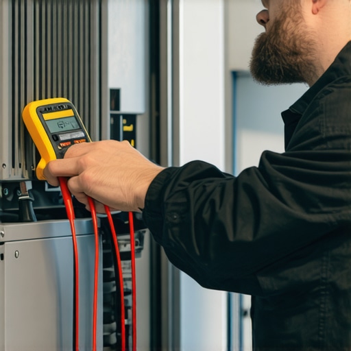 HVAC technician performing maintenance with digital multimeter and refrigerant gauge