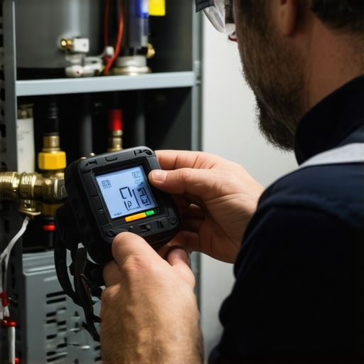 HVAC technician measuring refrigerant pressure with a digital manifold gauge